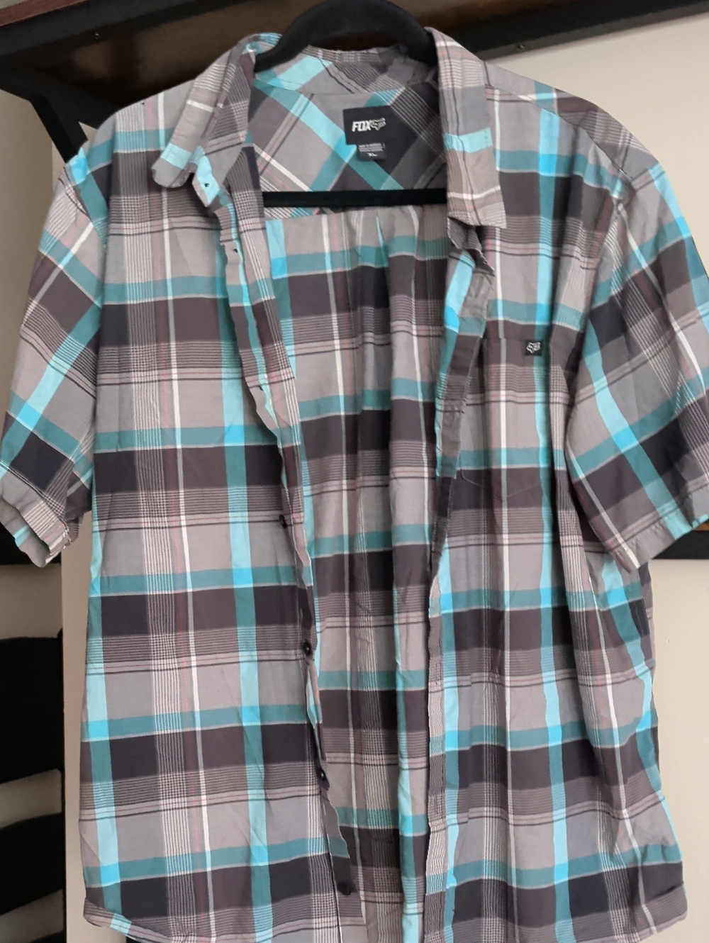 Fox Men’s Short Sleeve Plaid Button-Down Shirt - Gray & Teal